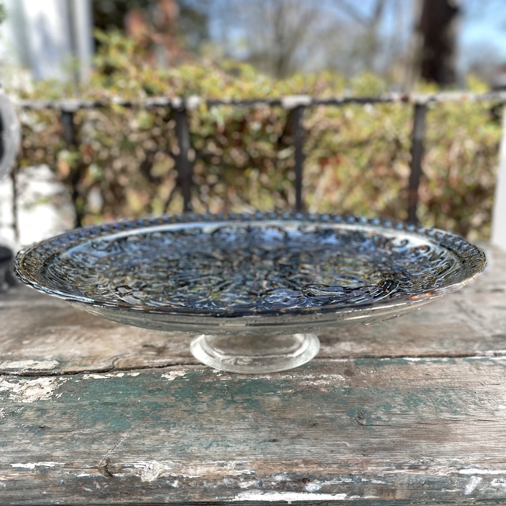 Antiqued Blue Silver Foil Embossed Glass Cake platter